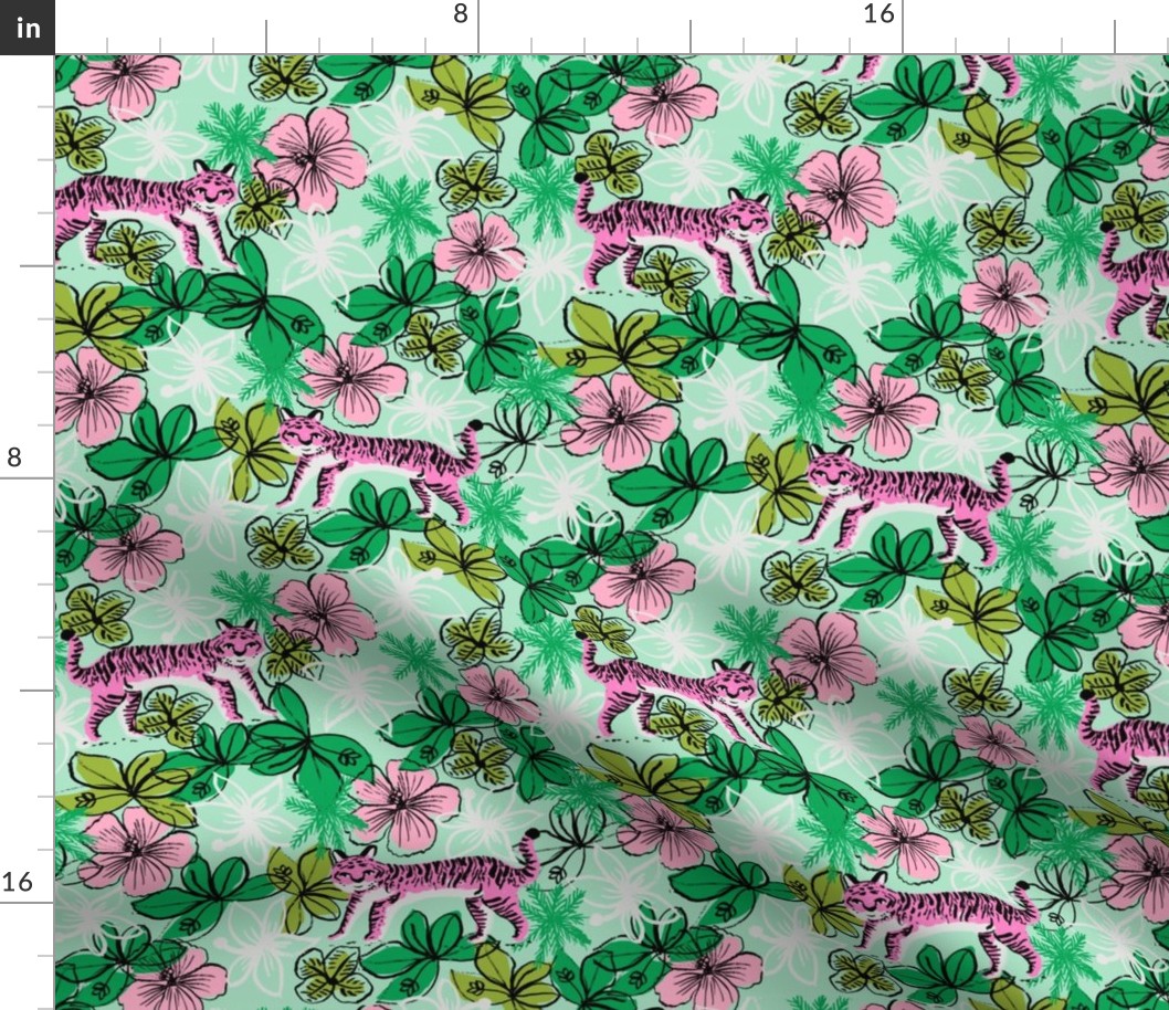 tropical tigers fabric // hibiscus palms palm plants summer print by andrea lauren - pink and mint