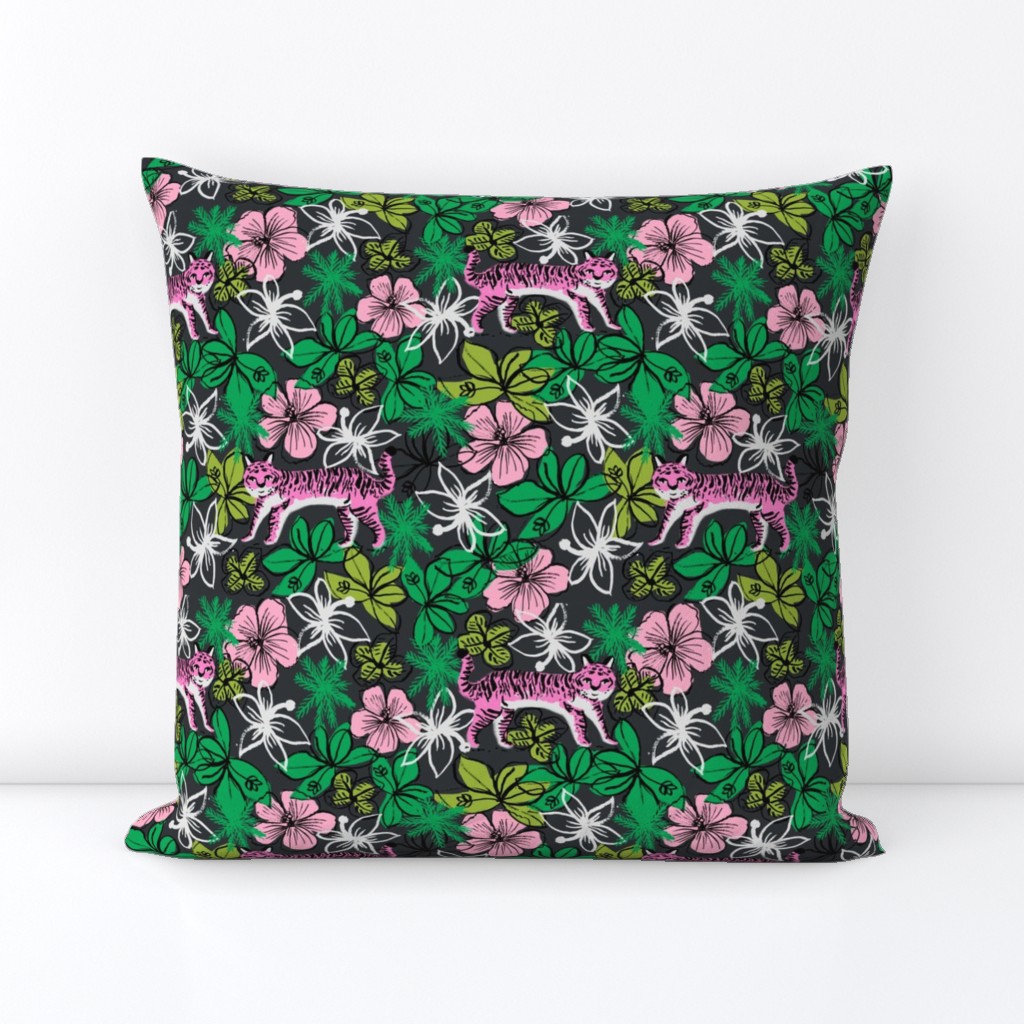 tropical tigers fabric // hibiscus palms palm plants summer print by andrea lauren - pink tigers