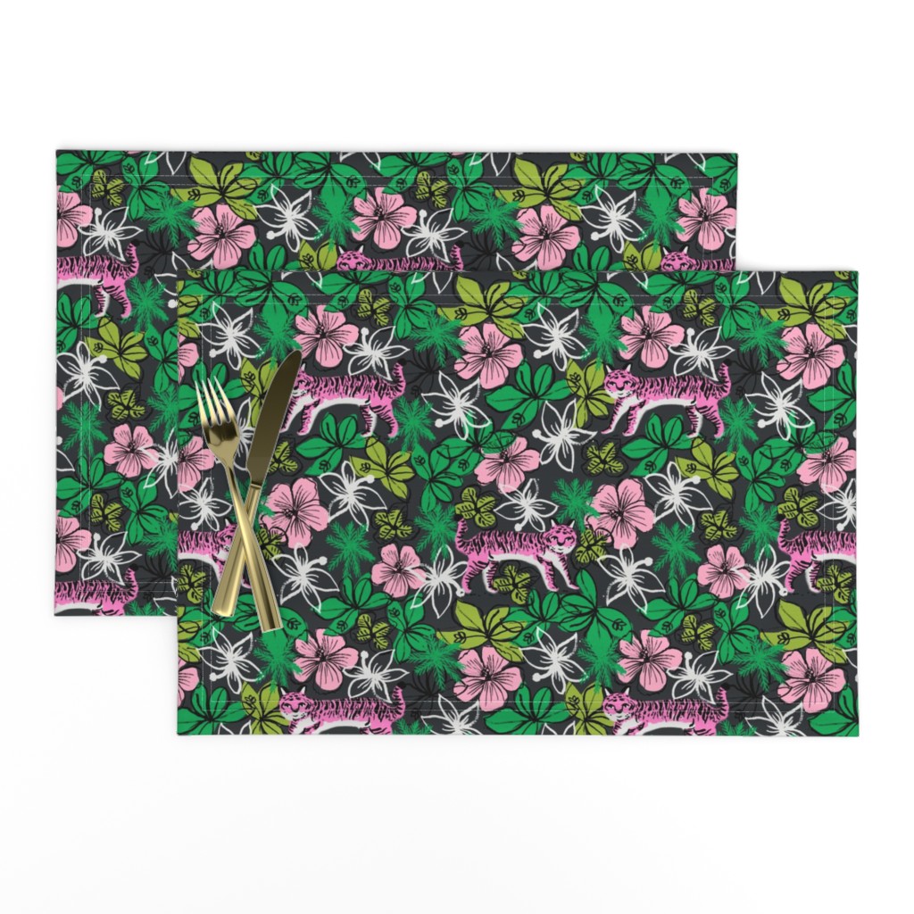 tropical tigers fabric // hibiscus palms palm plants summer print by andrea lauren - pink tigers
