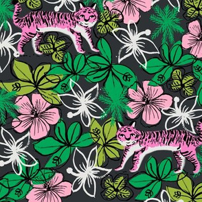 tropical tigers fabric // hibiscus palms palm plants summer print by andrea lauren - pink tigers