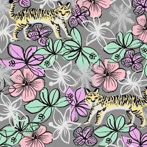 tropical tigers fabric // hibiscus palms palm plants summer print by andrea lauren - pastels