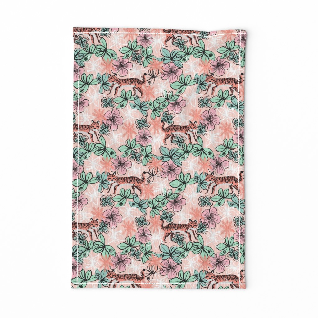 tropical tigers fabric // hibiscus palms palm plants summer print by andrea lauren - blush and pink