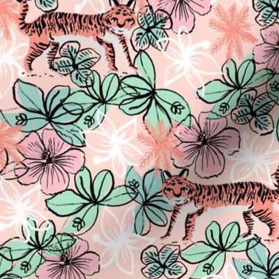 tropical tigers fabric // hibiscus palms palm plants summer print by andrea lauren - blush and pink