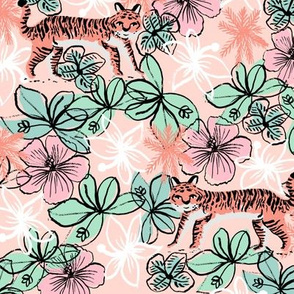 tropical tigers fabric // hibiscus palms palm plants summer print by andrea lauren - blush and pink