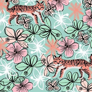 tropical tigers fabric // hibiscus palms palm plants summer print by andrea lauren - blush and blue