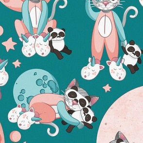 Cats, pandas and unicorns 1 // normal scale // turquoise background 