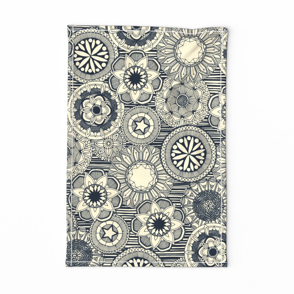 mandala cirque indigo cream tea towel