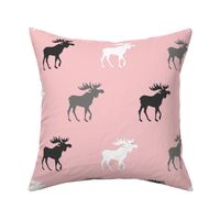 Big Moose - grey, black, white on pink - Baby Girl Woodland Nursery