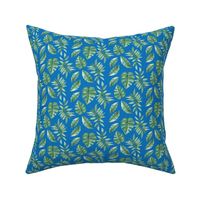 Tropical Leaves Palm Leaf Frawn Banana Water Color on Blue