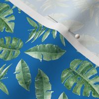 Tropical Leaves Palm Leaf Frawn Banana Water Color on Blue