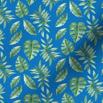Tropical Leaves Palm Leaf Frawn Banana Water Color on Blue