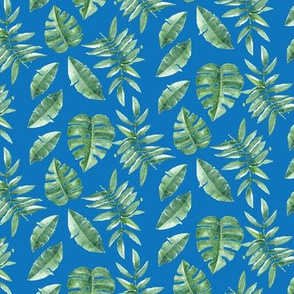 Tropical Leaves Palm Leaf Frawn Banana Water Color on Blue