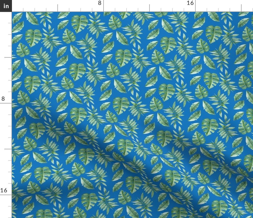 Tropical Leaves Palm Leaf Frawn Banana Water Color on Blue