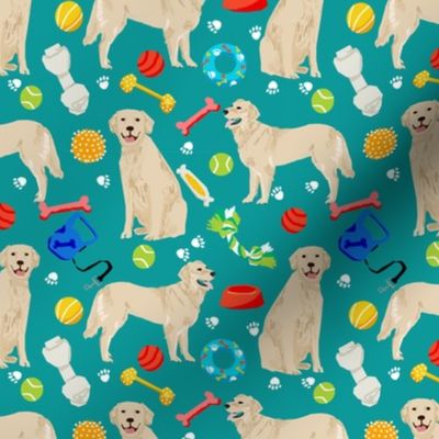 golden retrievers fabric dogs and dog toys design - teal