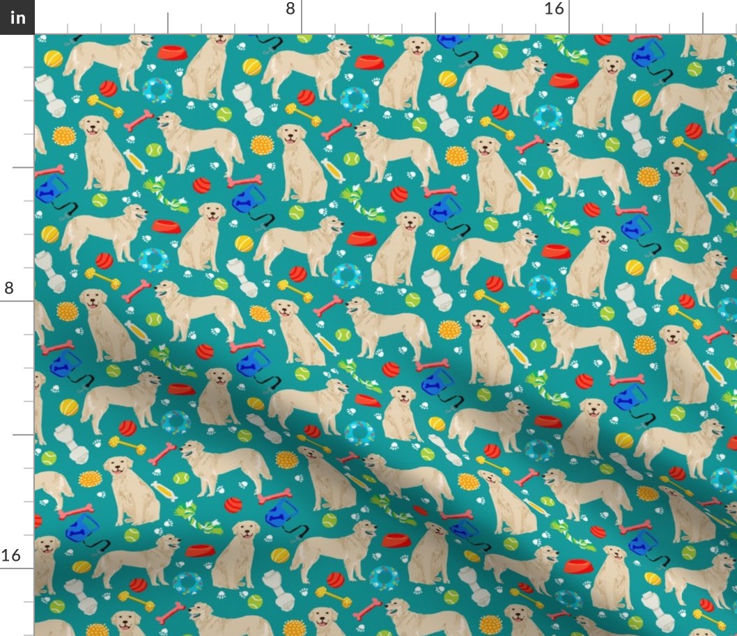 golden retrievers fabric dogs and dog toys design - teal