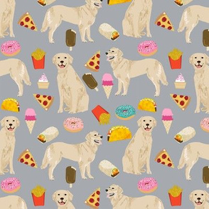 golden retrievers fabric dogs and junk foods design - grey