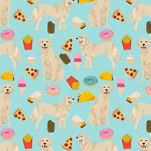 golden retrievers fabric dogs and junk foods design - blue tint