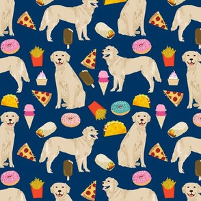 golden retrievers fabric dogs and junk foods design - navy