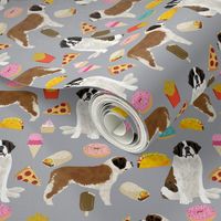 saint bernard dog fabric dogs and junk food designs tacos fries donuts - grey