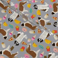 saint bernard dog fabric dogs and junk food designs tacos fries donuts - grey