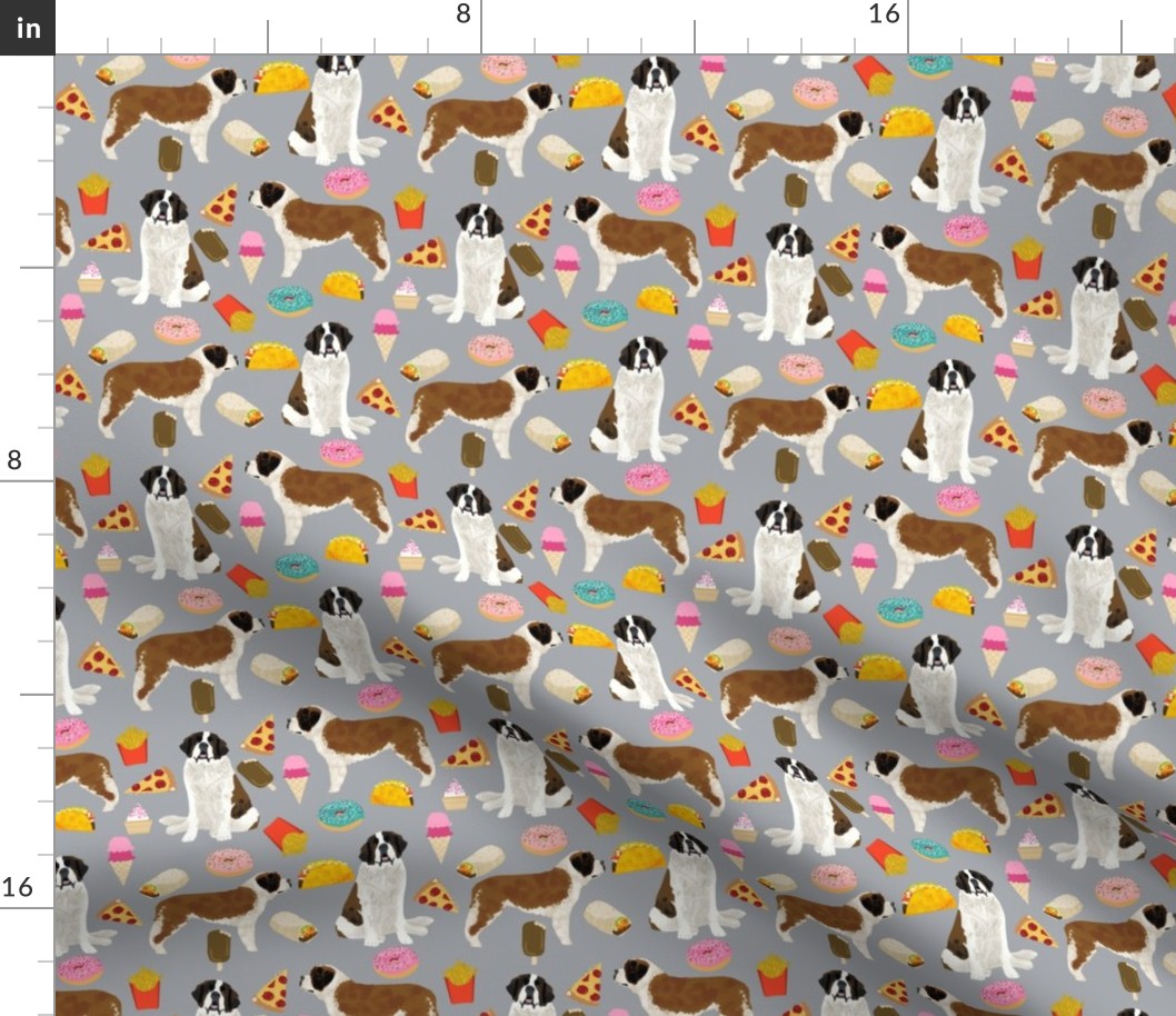 saint bernard dog fabric dogs and junk food designs tacos fries donuts - grey