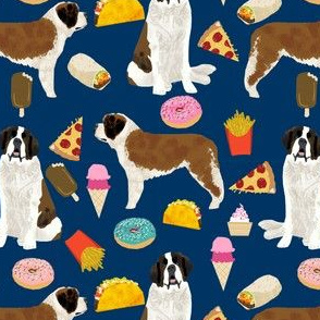 saint bernard dog fabric dogs and junk food designs tacos fries donuts - navy