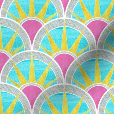 Fancy Art Deco  Fan in Pink, Aqua and Yellow