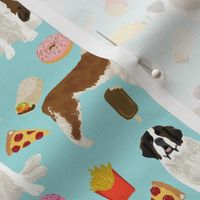 saint bernard dog fabric dogs and junk food designs tacos fries donuts - blue