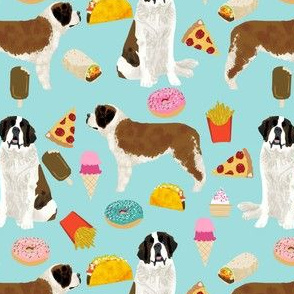 saint bernard dog fabric dogs and junk food designs tacos fries donuts - blue