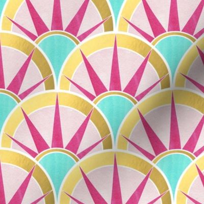 Fancy Art Deco Fan Pattern in Mint, Gold and  Magenta