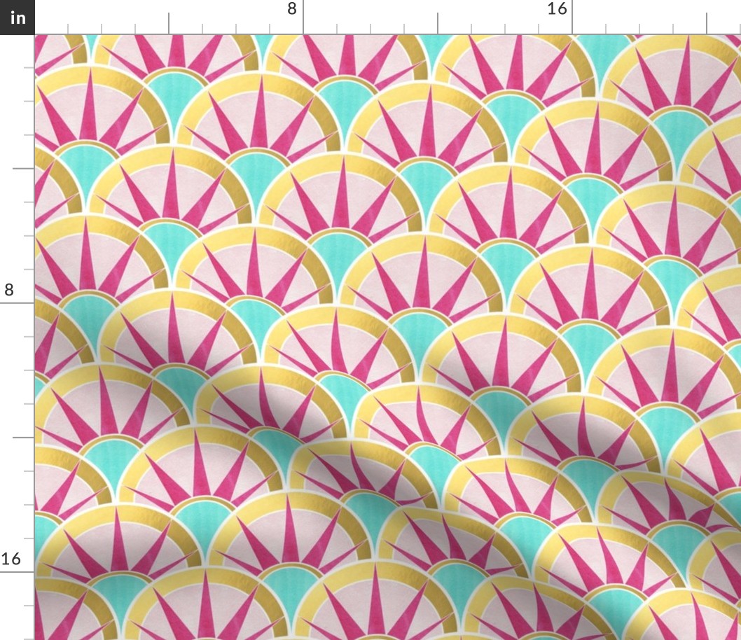 Fancy Art Deco Fan Pattern in Mint, Gold and  Magenta