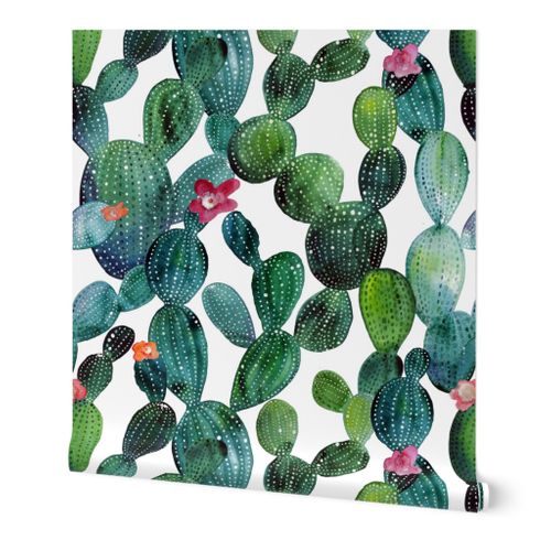 Cactuses green wall large size Wallpaper | Spoonflower