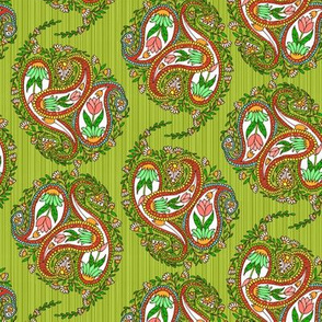 Springtime Floral Paisley on Green Stripes