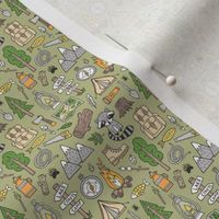 Outdoors Camping Woodland Doodle with Campfire, Raccoon, Mountains, Trees, Logs on Green Tiny Small