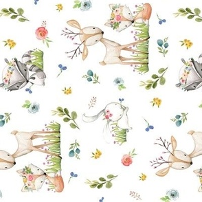 Woodland Friends - Deer Fox Raccoon Bunny Flowers Baby Girl Nursery Blanket Sheets Bedding, ROTATED