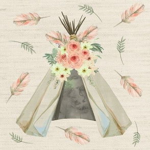 Teepee Coral Feathers Burlap | Woodland Watercolor