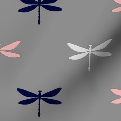 Dragonfly - pink, navy, white on grey