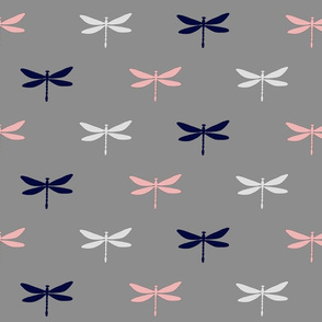 Dragonfly - pink, navy, white on grey