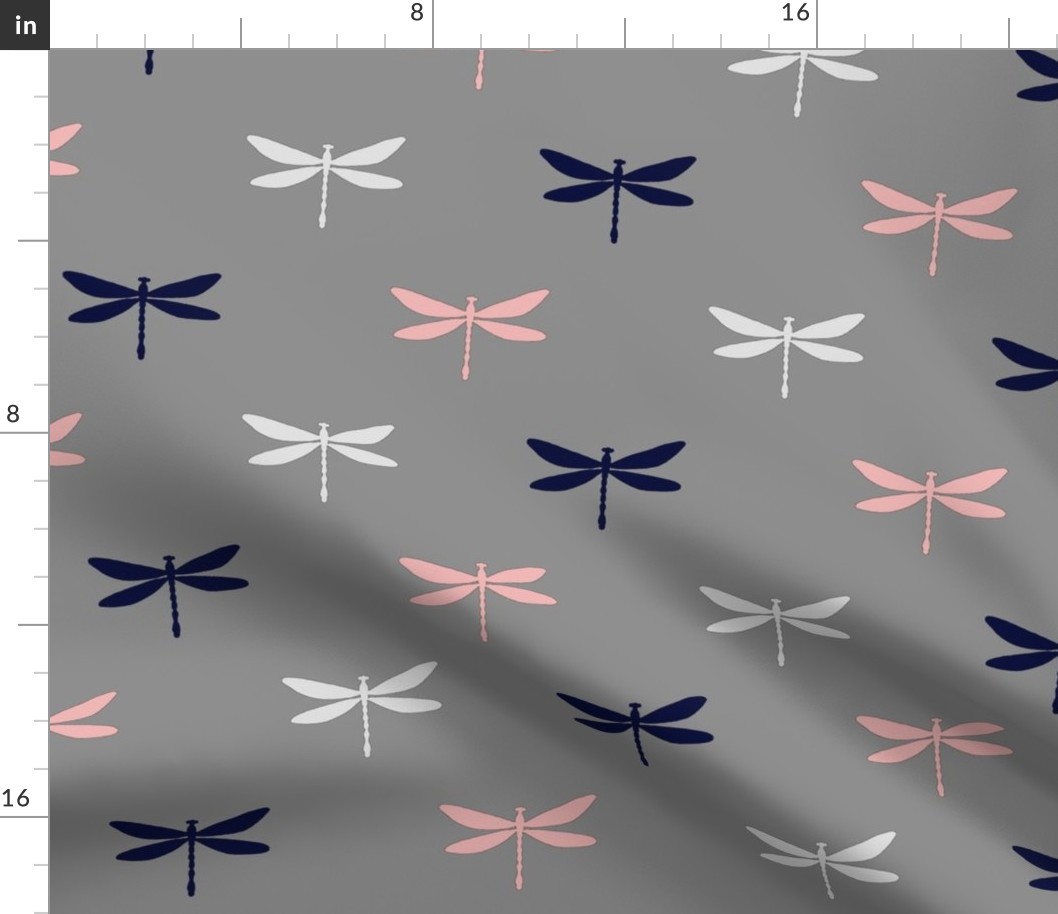 Dragonfly - pink, navy, white on grey