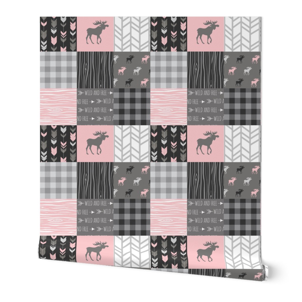 Pink Moose Wholecloth Patchwork squares - pink and grey, buffalo check, woodgrain, wild and free