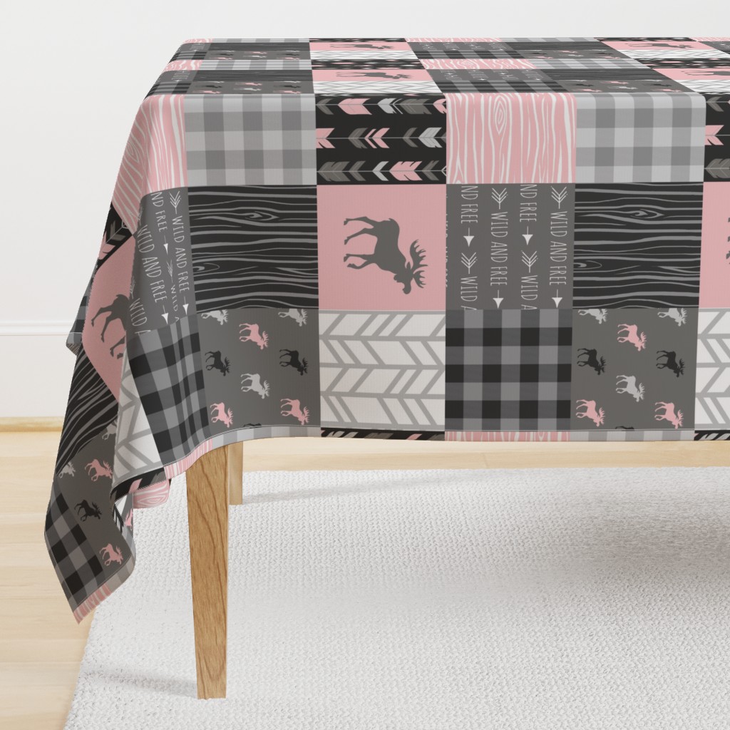 Pink Moose Wholecloth Patchwork squares - pink and grey, buffalo check, woodgrain, wild and free