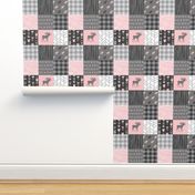 Pink Moose Wholecloth Patchwork squares - pink and grey, buffalo check, woodgrain, wild and free