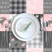 Pink Moose Wholecloth Patchwork squares - pink and grey, buffalo check, woodgrain, wild and free