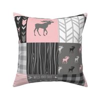 Pink Moose Wholecloth Patchwork squares - pink and grey, buffalo check, woodgrain, wild and free