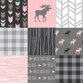 Pink Moose Wholecloth Patchwork squares - pink and grey, buffalo check, woodgrain, wild and free