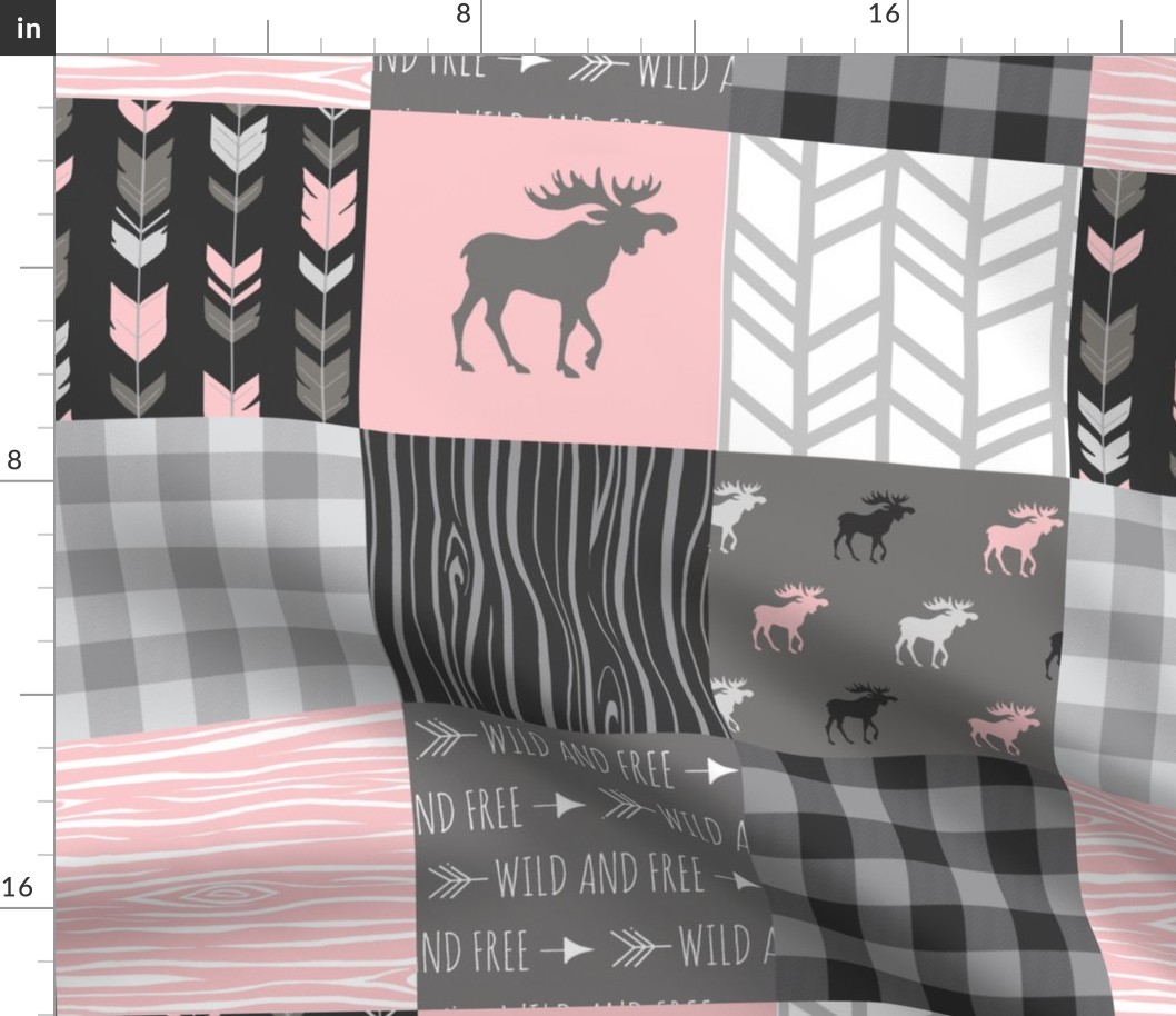 Pink Moose Wholecloth Patchwork squares - pink and grey, buffalo check, woodgrain, wild and free