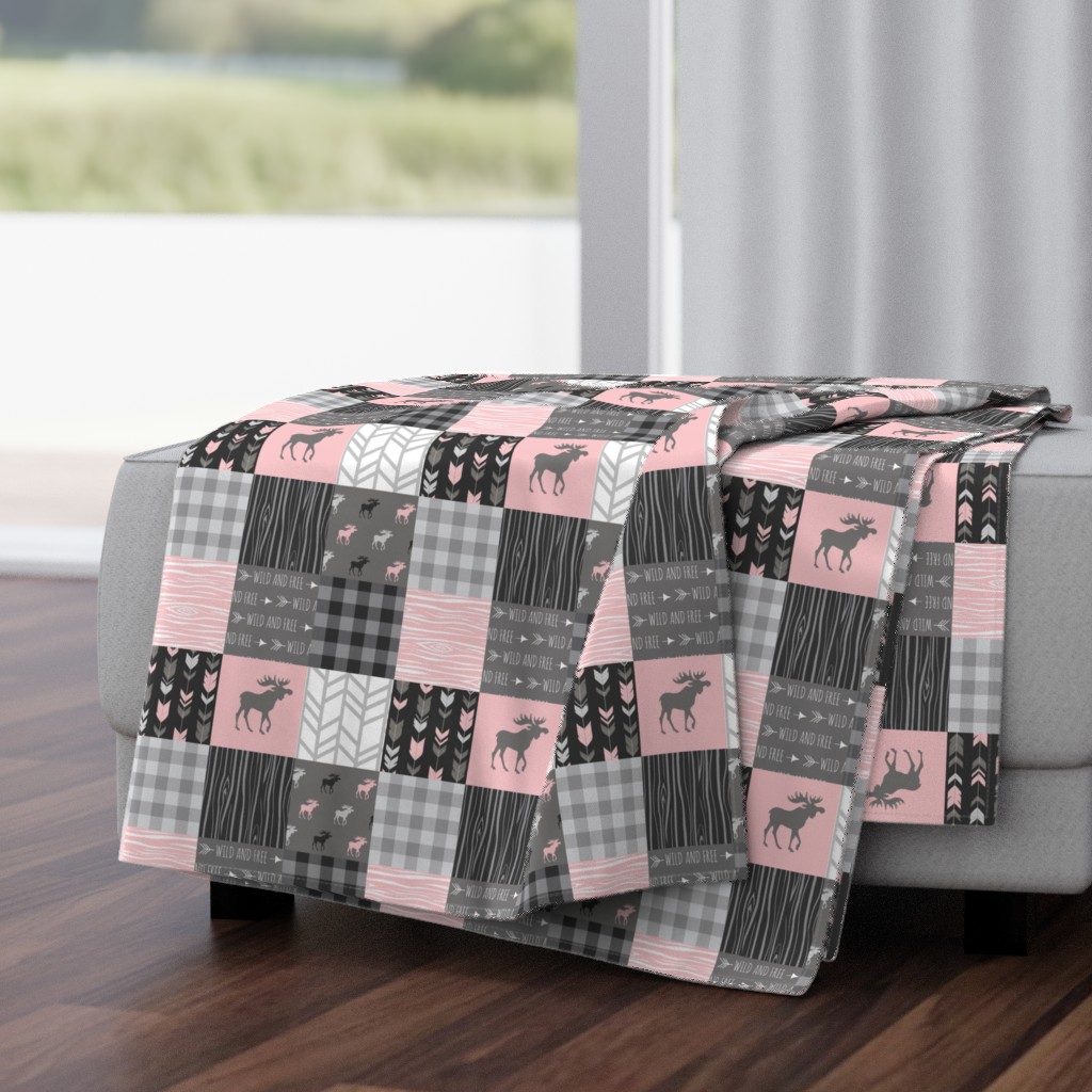 3" Pink Moose Wholecloth Quilt - pink and grey patchwork squares