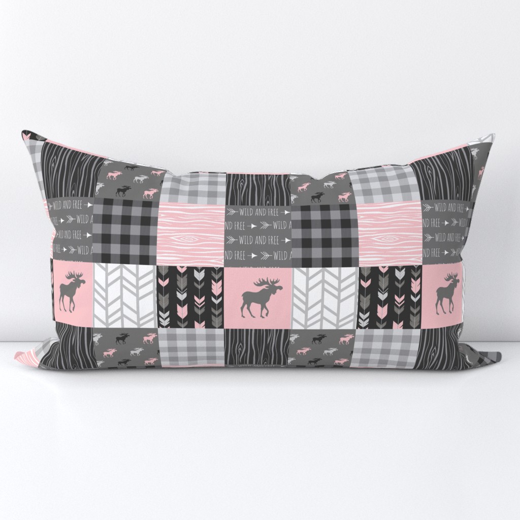 3" Pink Moose Wholecloth Quilt - pink and grey patchwork squares