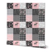 3" Pink Moose Wholecloth Quilt - pink and grey patchwork squares