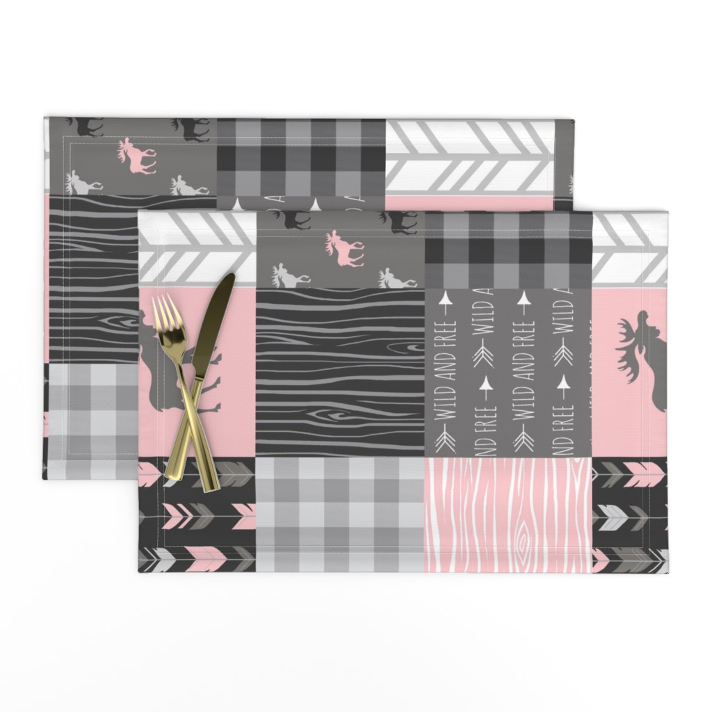 Pink Moose Rotated Wholecloth Patchwork Quilt - pink and grey Baby Girl Woodland